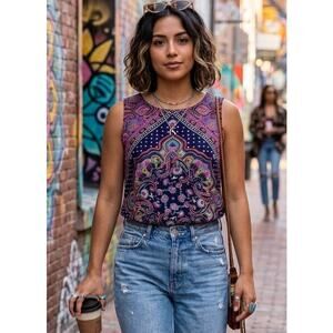 Renee C. colorful mandala design blouse